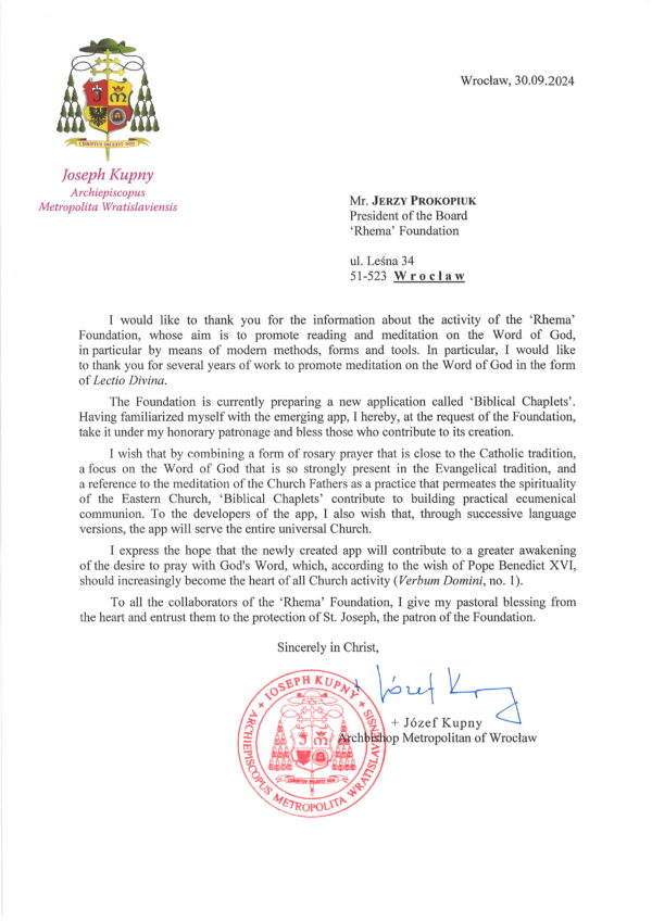 Archbishop's letter to Rhema Foundation